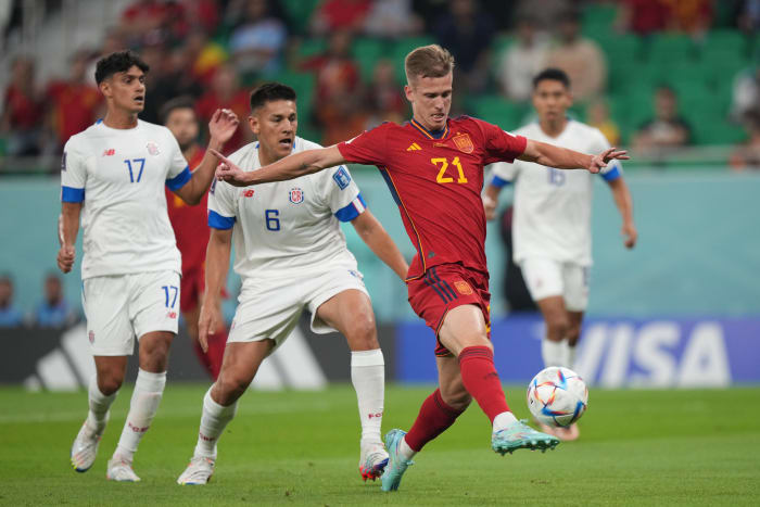 Dani Olmo (no.21) pictured scoring Spain's 100th World Cup goal, during a win over Costa Rica at the 2022 tournament in Qatar